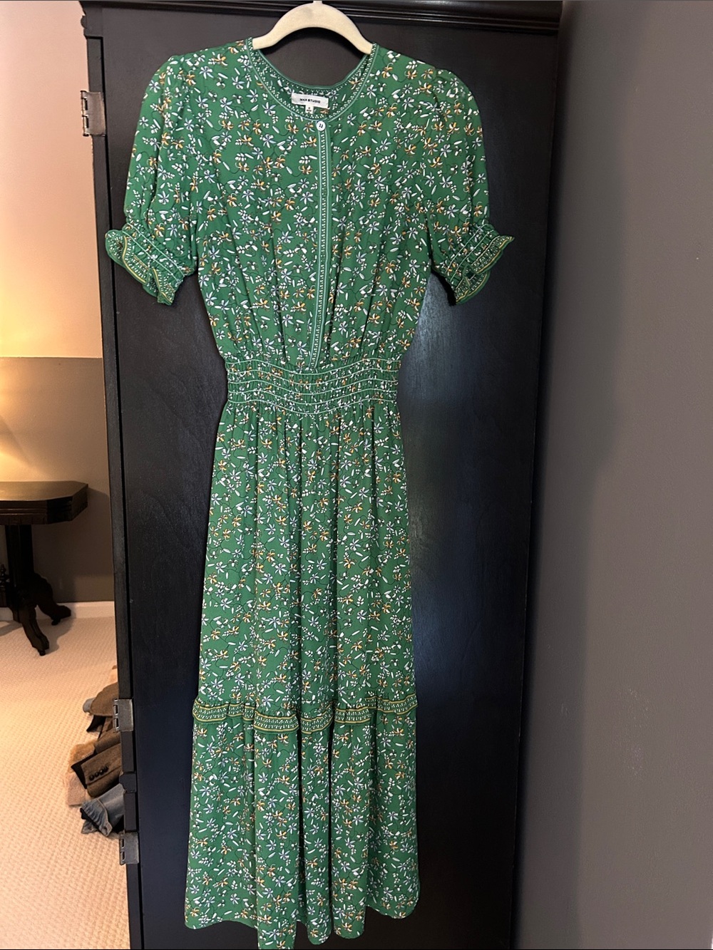 Max Studio Green Floral Smocked Maxi Dress with Puff Sleeves